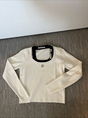 Alexander Wang.T  Cream Knit Top with Black Square Neck Trim